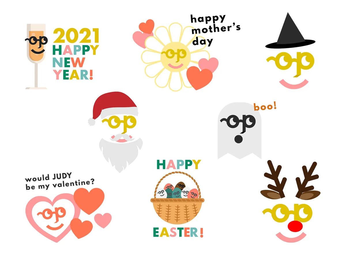 Holiday Judymojis, from New Year's to Halloween