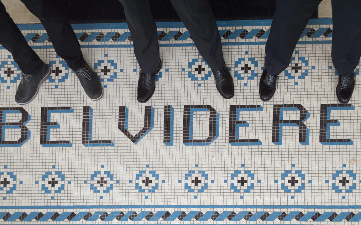 The hexagon tile floor in the Belvidere Mansion lobby