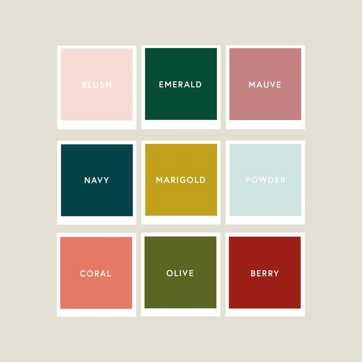 Nine-color palette shown as polaroid swatches